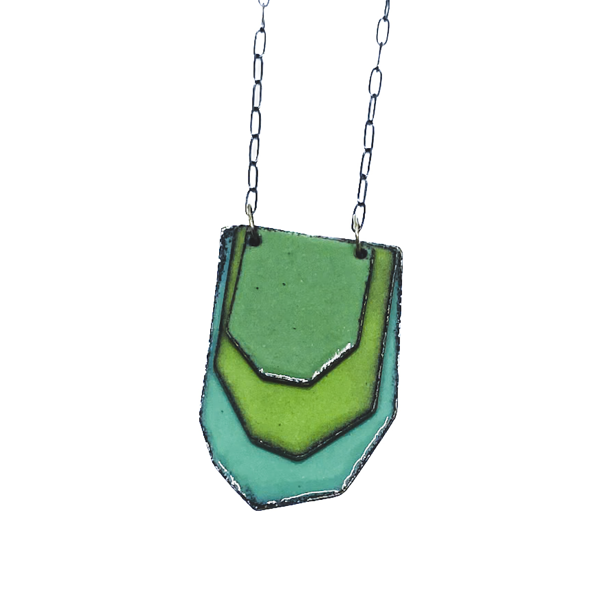 Enamel Necklace, Green Layered Leaves - April Hale