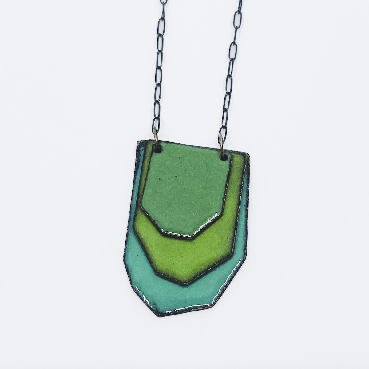 Enamel Necklace, Green Layered Leaves - April Hale