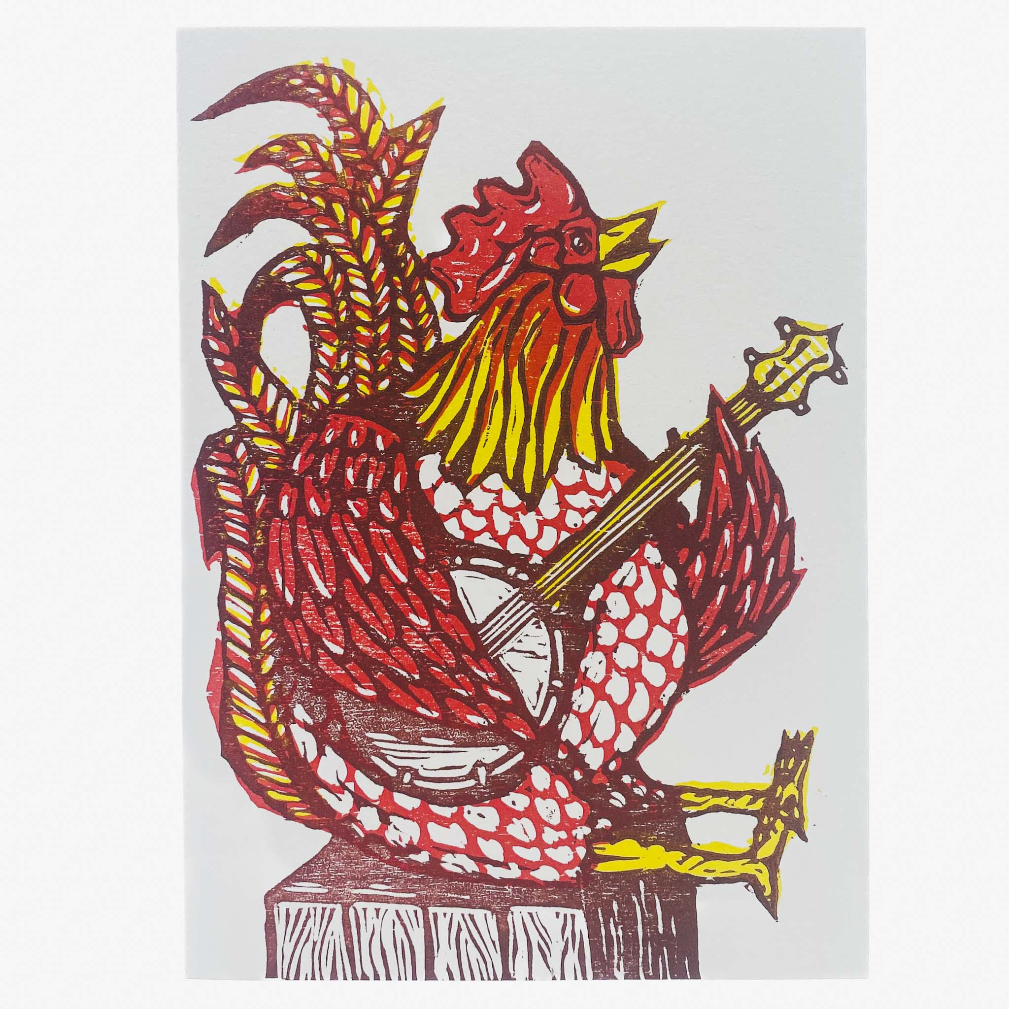 Rooster Card, Hand-Printed Woodcut - Bobby Rosenstock